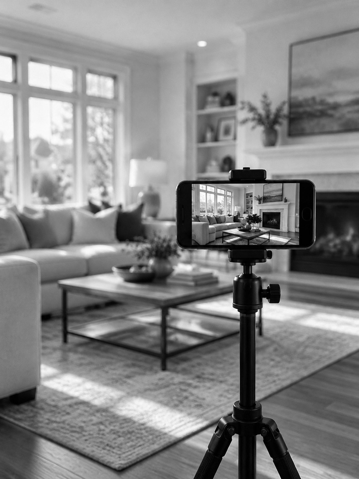 A phone on a tripod filming a bright living room interior